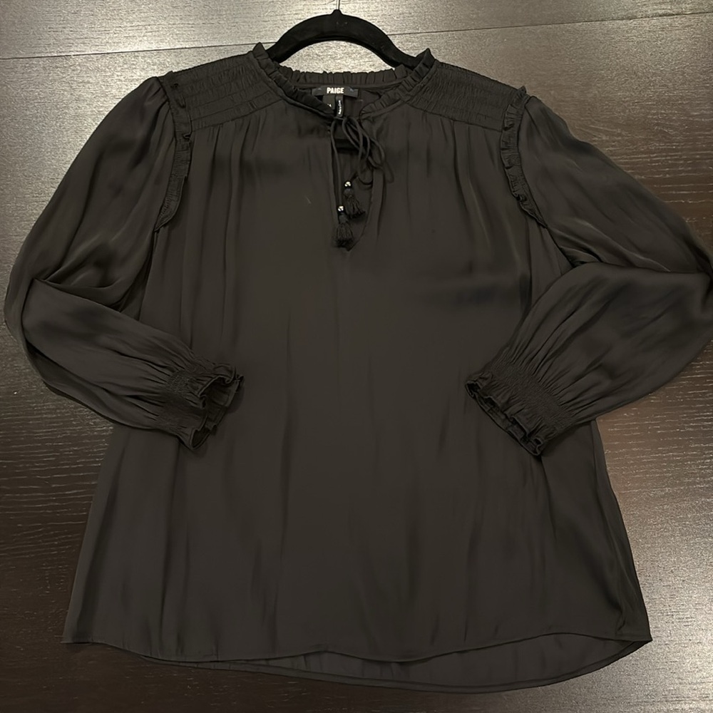 PAIGE Laramie long sleeve matte satin polyester blouse with tassels size M. - Picture 7 of 10
